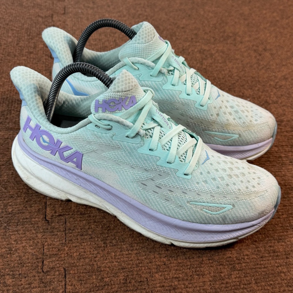 A- Hoka Clifton 9 Womens Running Shoes Sea Glass Orchid Mauve 8.5 B 1127896 SOLM